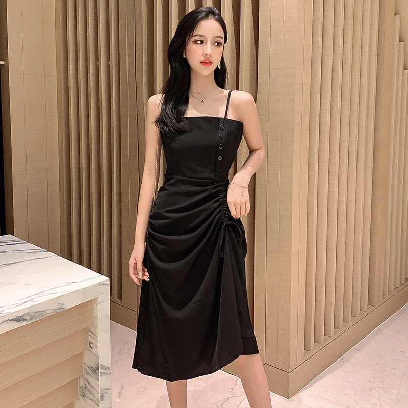 

COIGARSAM Women one-piece dress korean New Spaghetti Strap Dresses Black 8150