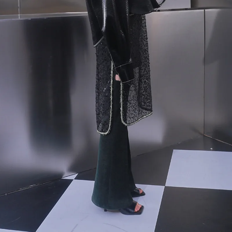 

[DEAT] Cut Out Strap Solid Green Flare Pants Hole Lace Full Length High Waist High Street New Fashion Tide 2021 Spring GX142