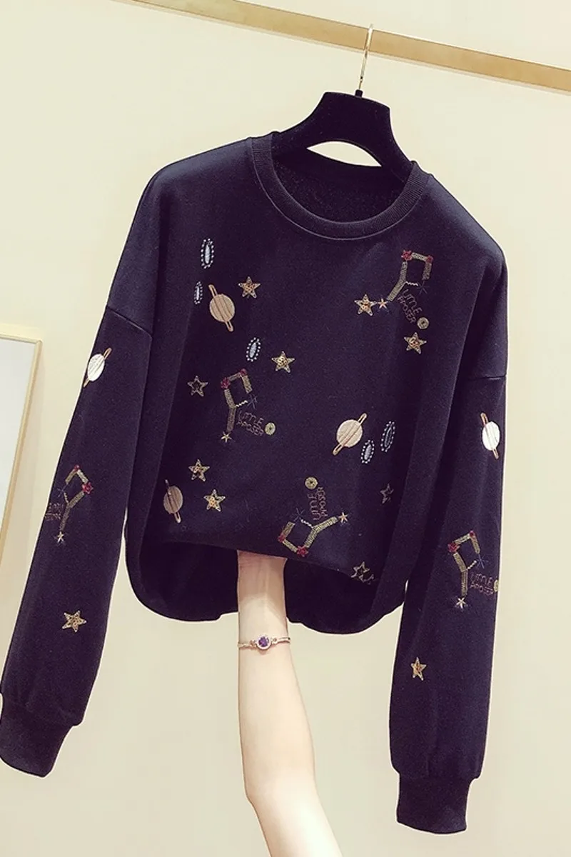 

2020 New Autumn Women O Neck Pullovers Tops Starry Sky Embroidery Sequins Long Sleeve Sweatshirts Casual Students Hoodies
