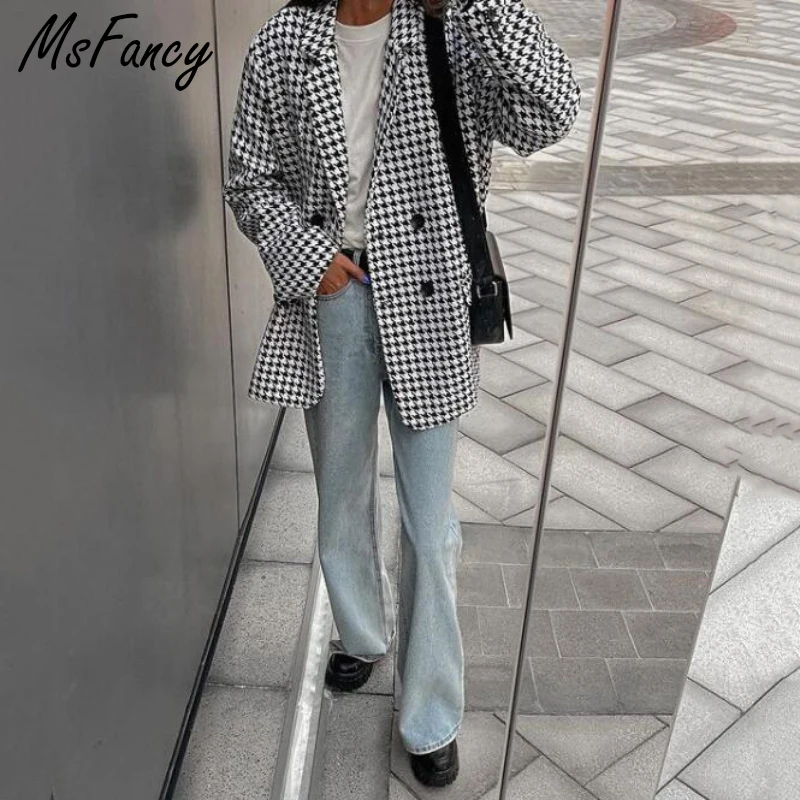 Модный блейзер в клетку Msfancy Женский Осенний двубортный официальный костюм