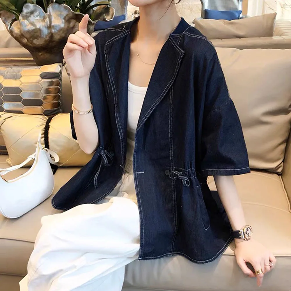 

Autumn New 2021 Fashion Draw Back Denim Jacket Loose Casual Solid Color Lapel Western Style Drawstring 7-point Sleeve