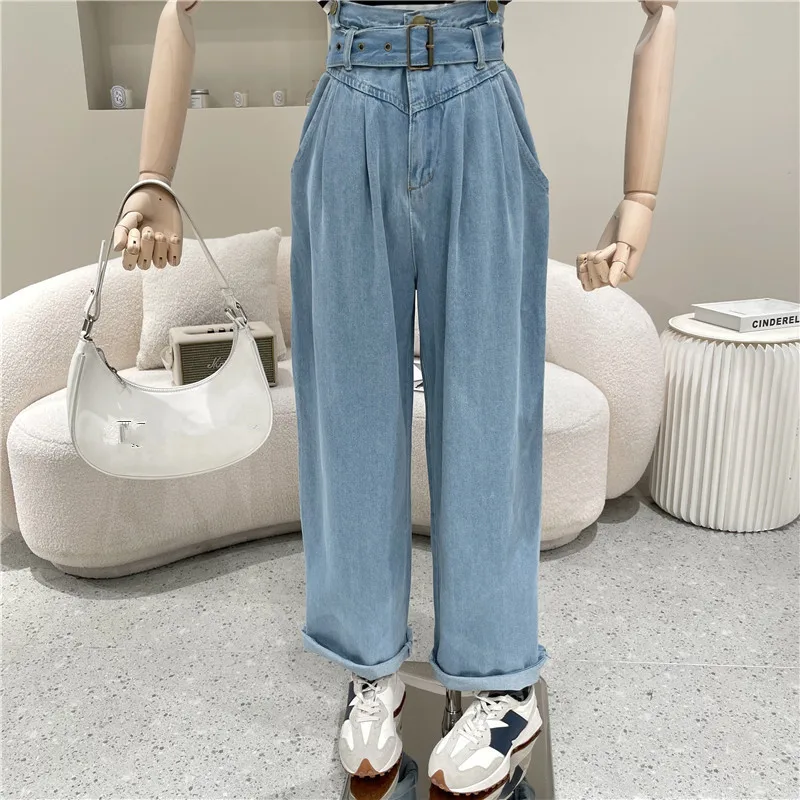 

New Women's Clothing Summer 2021 Fashion Retro High waist lace up loose straight wide leg pants casual denim Sling Pants Jeans