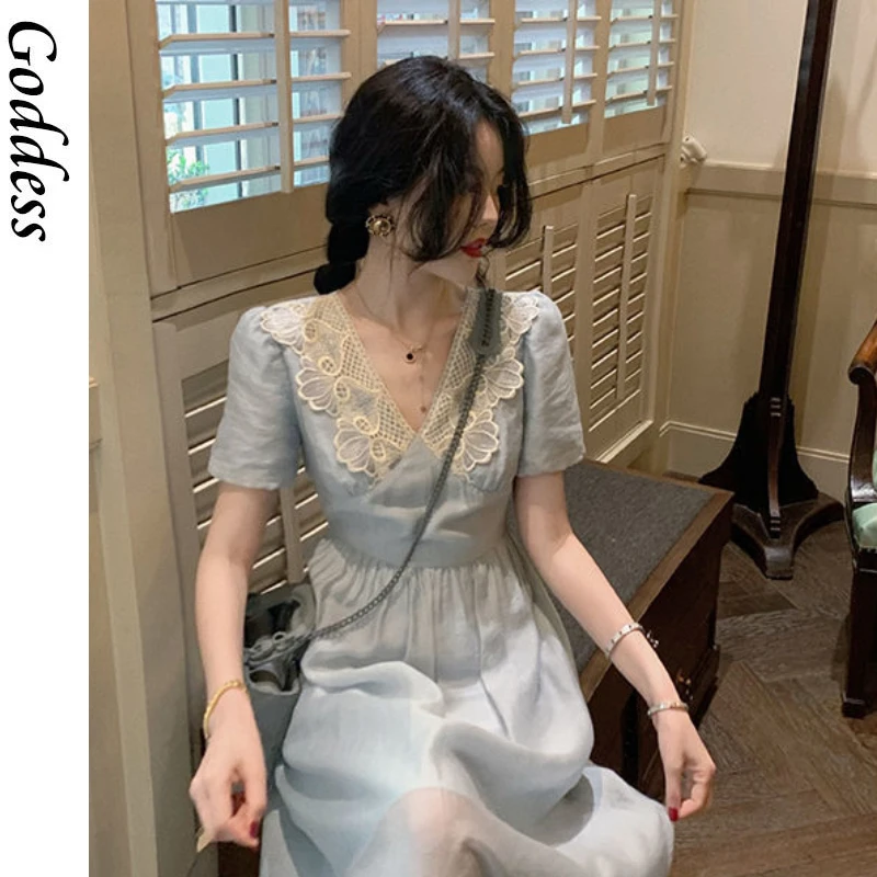 

Women Short Sleeve Sweet Elegant Dresses French Vintage Midi Dresses Females One Piece Dress Korean Lace -Up 2021 Summer Chic