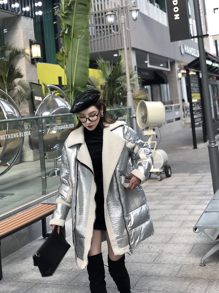 Ins, хит, серебро,, зимняя, Harajuku, свободная, с капюшоном, длинная, зимняя куртка, для женщин, теплая, уличная, овечья шерсть, пальто для женщин, SA048S30