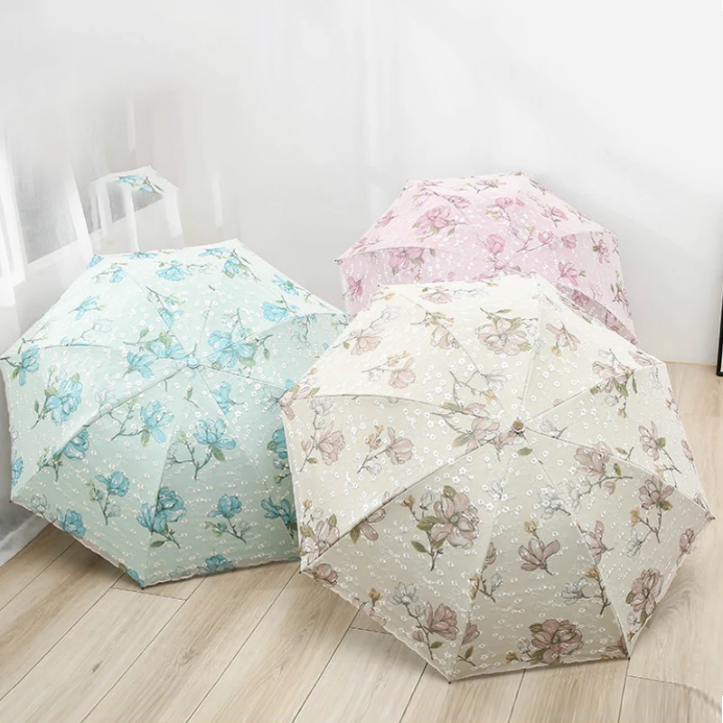 Кружевной зонт с вышивкой элегантный женский черный резиновый три складных