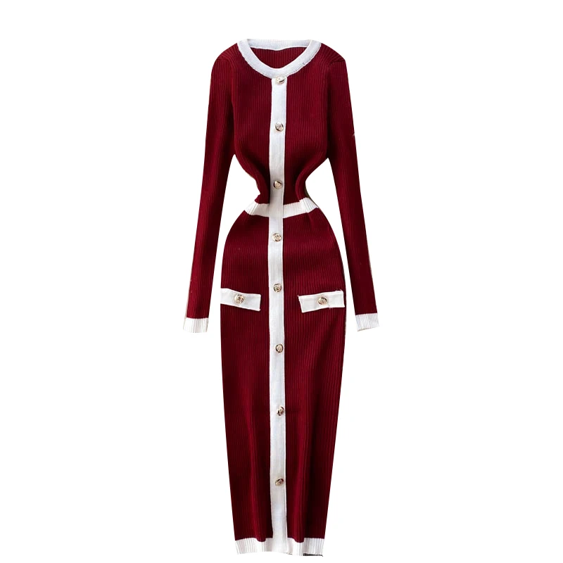 

Spring Autumn Korea Black Wrap Knitted Dress Women Clothing 2021 o-Neck Long Sleeve Slim Basic Sweater Vintage Dress Sexy Female