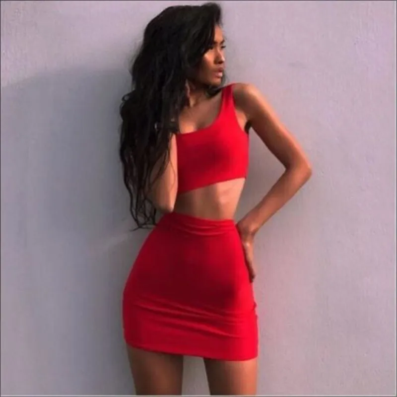 

2020 Summer New Women Clothes Sets Red Tracksuits 2Pcs Strap Vest Crop Tops+Mini Skirts Fashion Ladies Girls Solid Sportswear