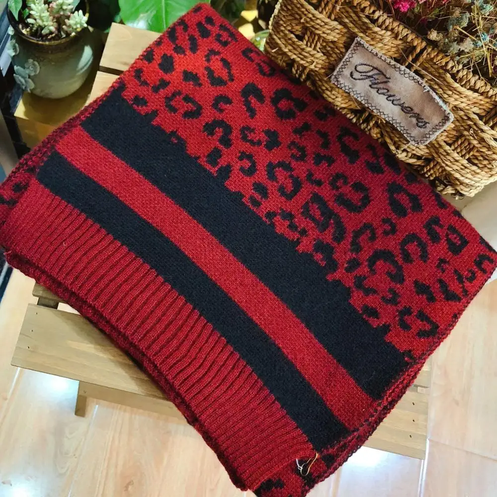 

K-M-S Wool knitted leopard scarf female winter warm thickening fashion couple dual-use scarf shawl 175*40CM/280G