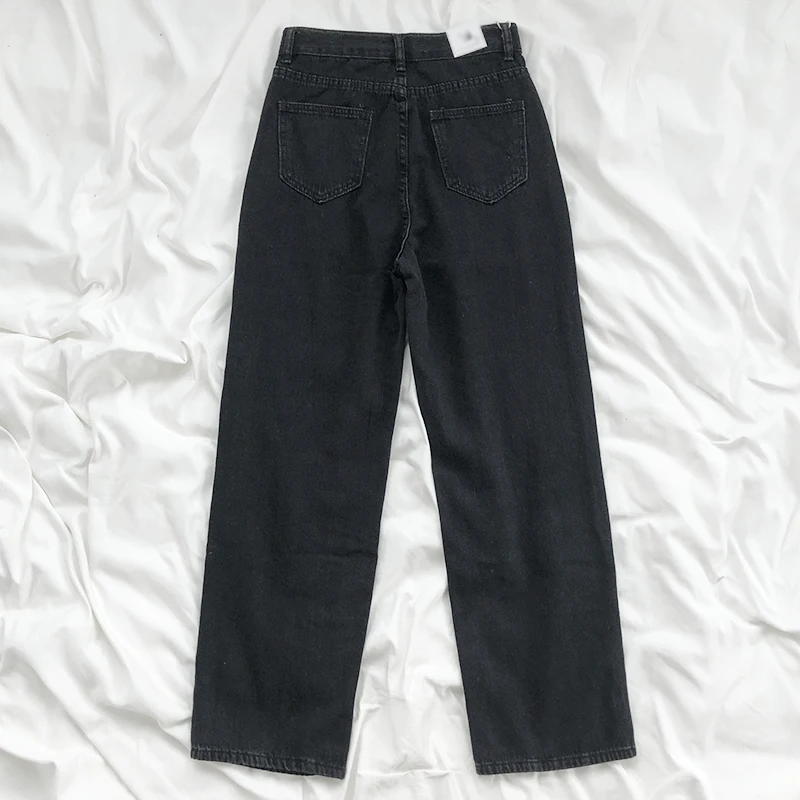 

Джинсы женские винтажные с эффектом потертости, свободные брюки из денима с завышенной талией, простые повседневные универсальные прямые штаны из денима, черные