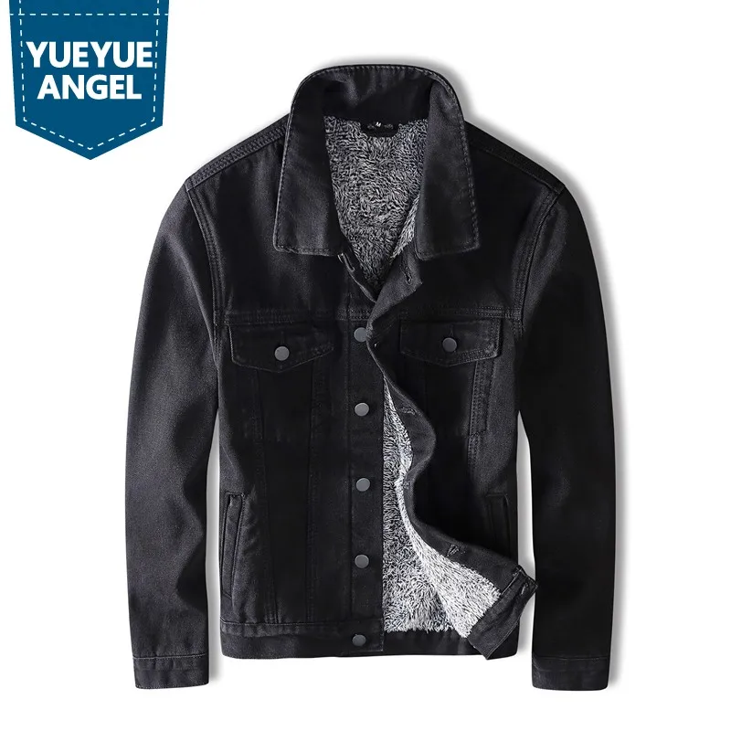 

Men Denim Jacket Plus Velvet Thick Faux Lamb Wool Single-Breasted Outerwear Korean Slim Autumn Winter Black Fashion Streetwear
