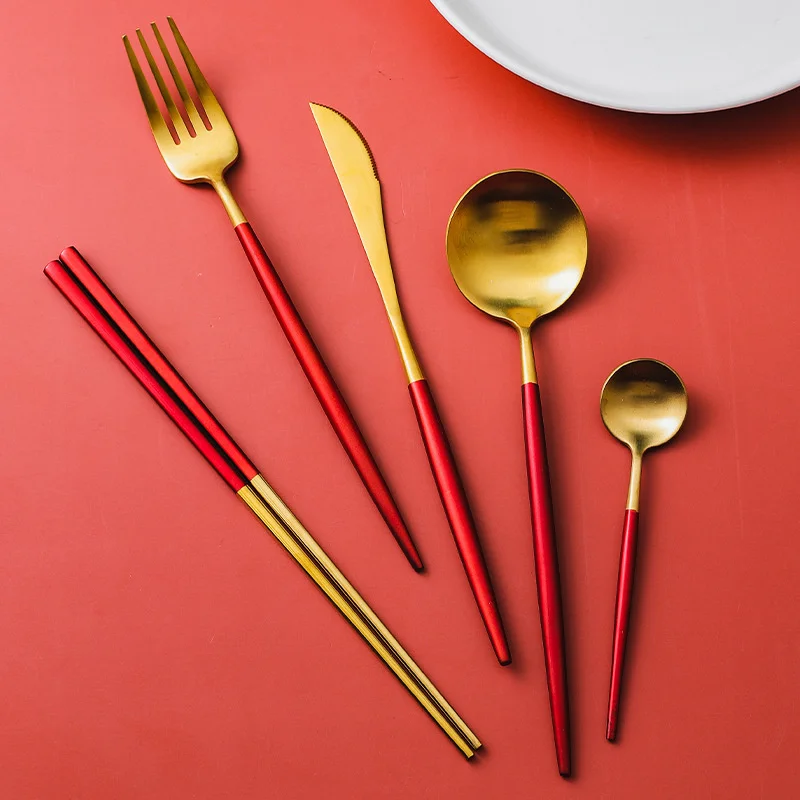 

5 Pcs set Nordic stainless steel knife fork spoon creative Western food knife stainless steel chopsticks coffee spoon cutlery