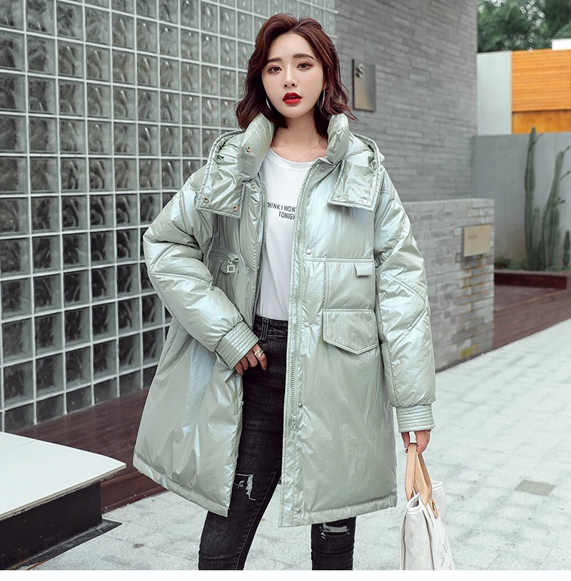Модная зимняя женская куртка 2020 новая блестящая парка оверсайз средней длины с