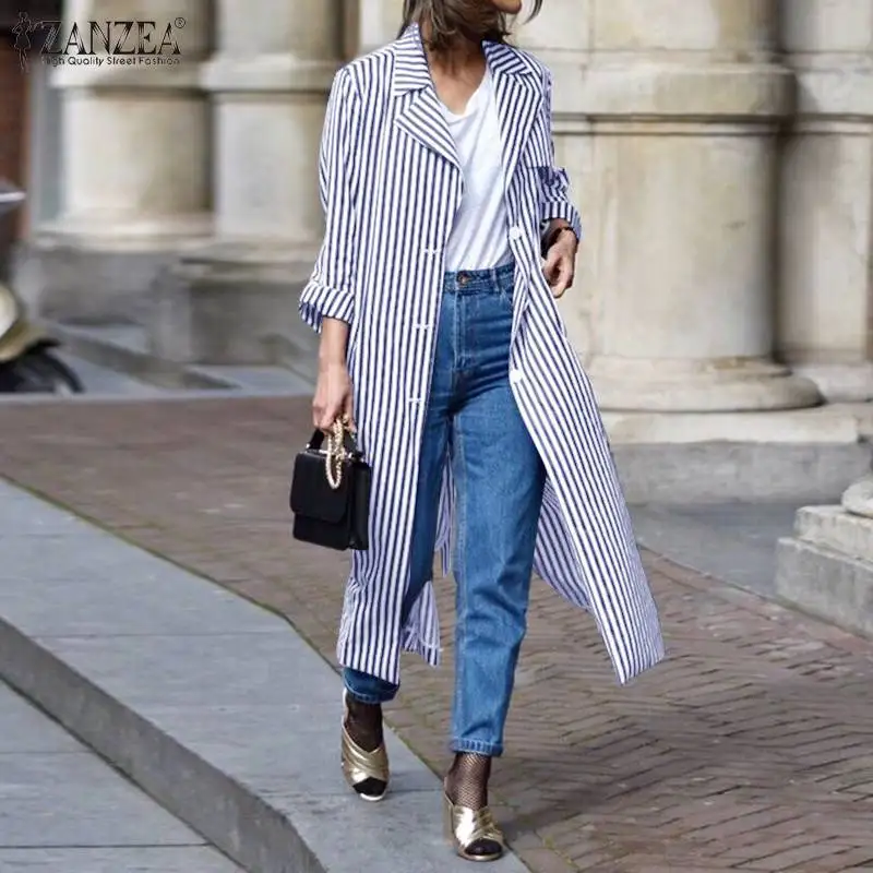 

ZANZEA Fashion Striped Blouse Trend Female Long Sleeve Tops Overcoats Women Laple Coat Casual Button Midi Outwears Thin Cardigan