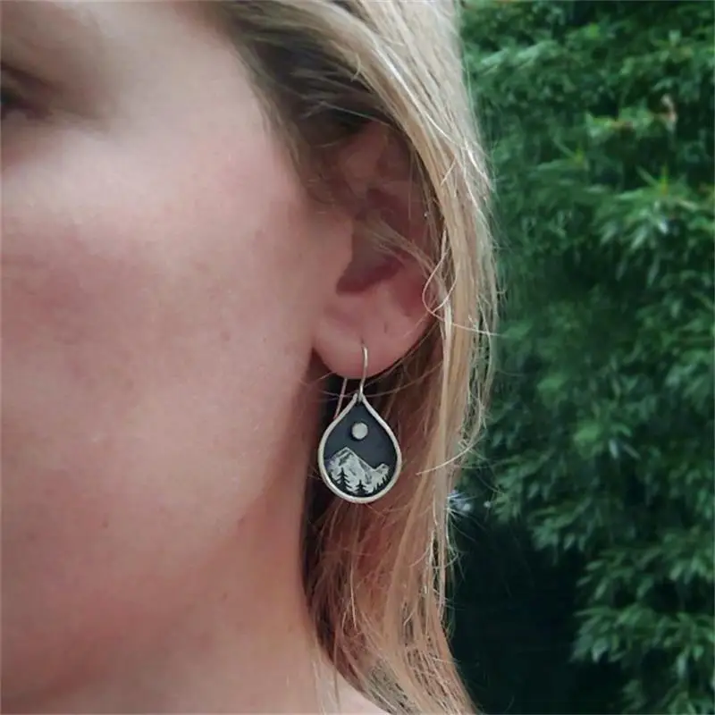 Серьги-подвески в стиле ретро с изображением заката горе | Украшения и аксессуары