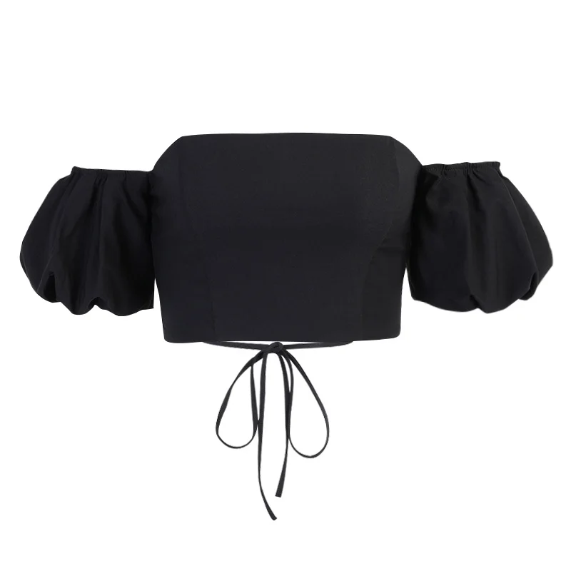 

Beyouare Sexy Summer T Shirt Women Slash Neck Puff Short Sleeve Back Hollow Out Bandage Cropped Tops 2021 Solid Elegant Lady Tee