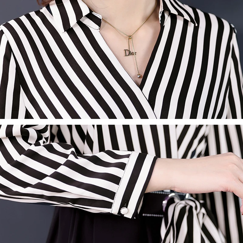

Spring Autumn Women Dress Elegant Long Sleeve V-Neck Bandage Striped Shirt Dress Office Ladies Slim Work Tunic Dress Midi Robe