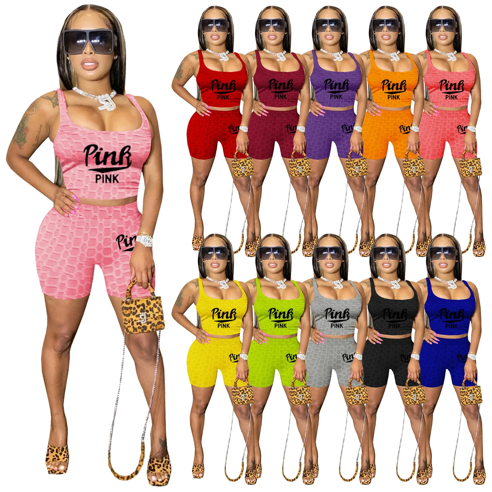 

Women Set PINK Letter Print Sleeveless Crop Tanks Sheath Elastic Shorts 2 Piece Set Summer Tracksuit Casual Outfit 2021
