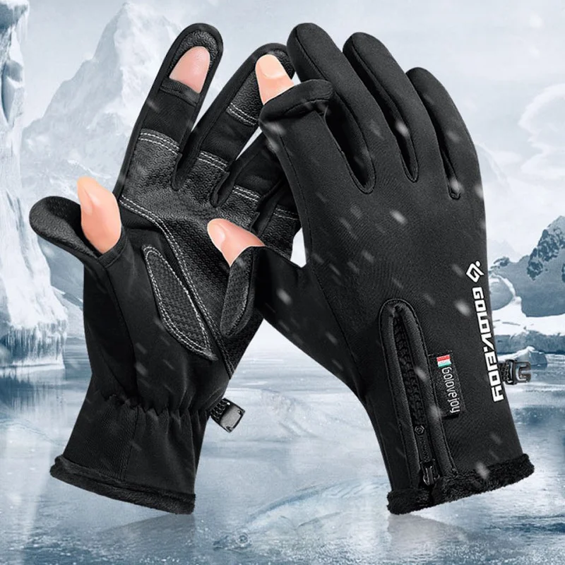 

2 Fingers Flip Touchscreen Gloves Winter Warm Waterproof Windproof Glove Motor Cycling Velvet Mittens Women Men Angling Gloves