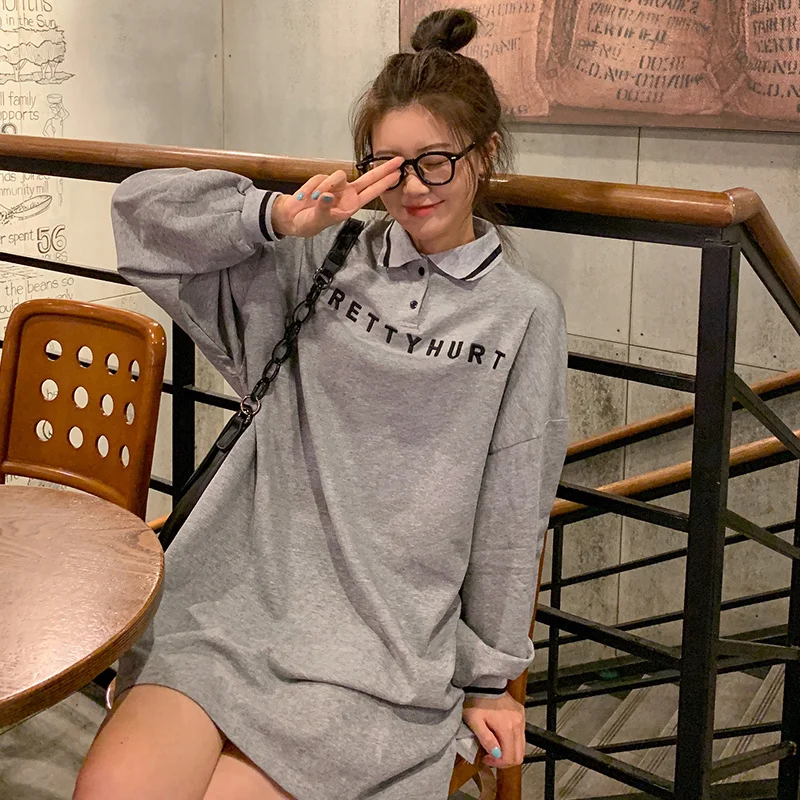 

T-shirt Dress Women Spring Autumn Thin Korean Letter Print Turndown Collar Loose Casual College Style Sweet Girls Dresses 2021