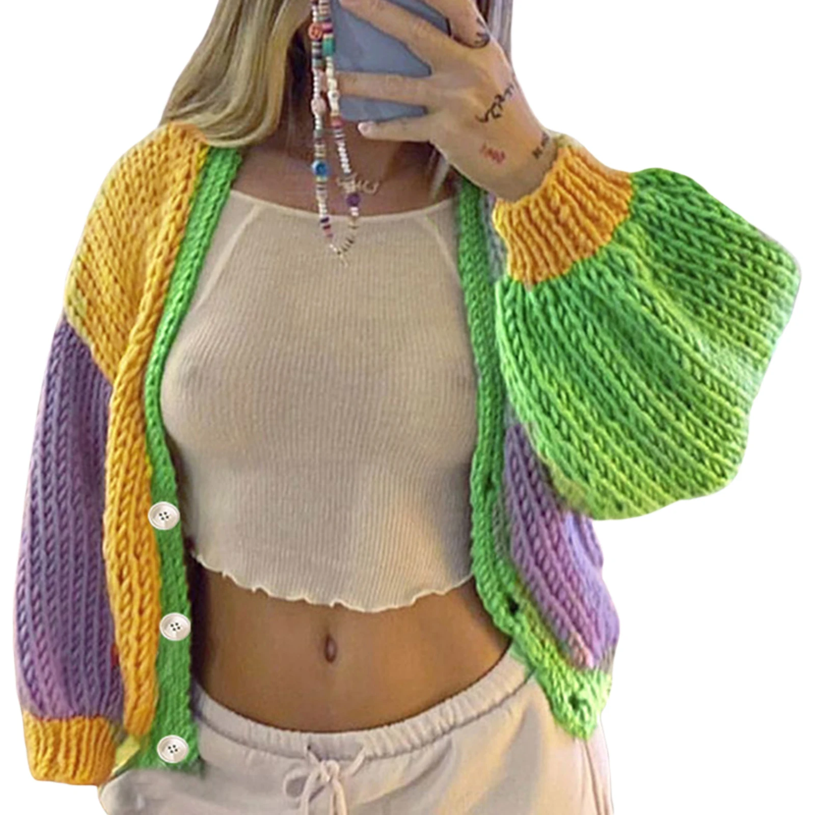 

Ladies Autumn Loose Knitwear, Leisure Style Color Matching V-neck Long Sleeve Knitted Coat Casual Single-breasted Cardigan