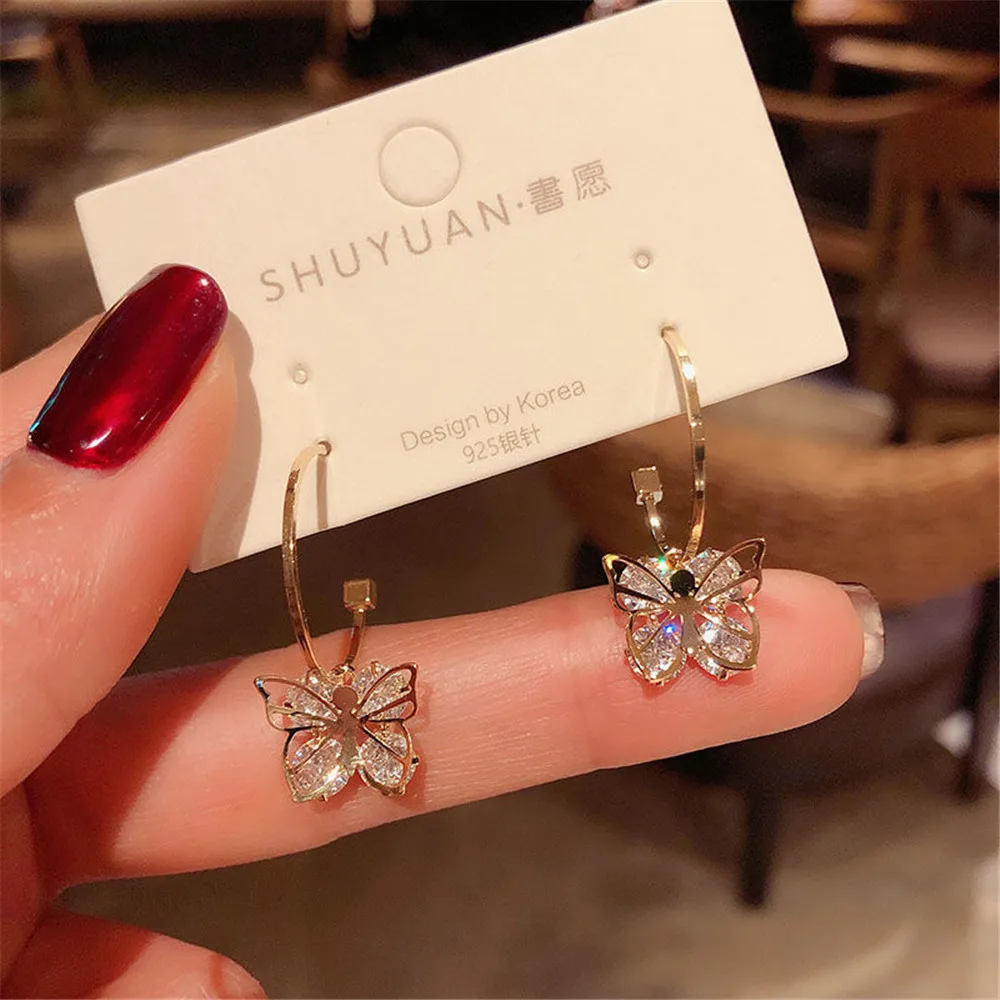 

925 Silver Needle Earring Fashion Crystal Butterfly Earhoop Earrings Elegant Exquisite Earrings Female Ear Jewelry Accessories
