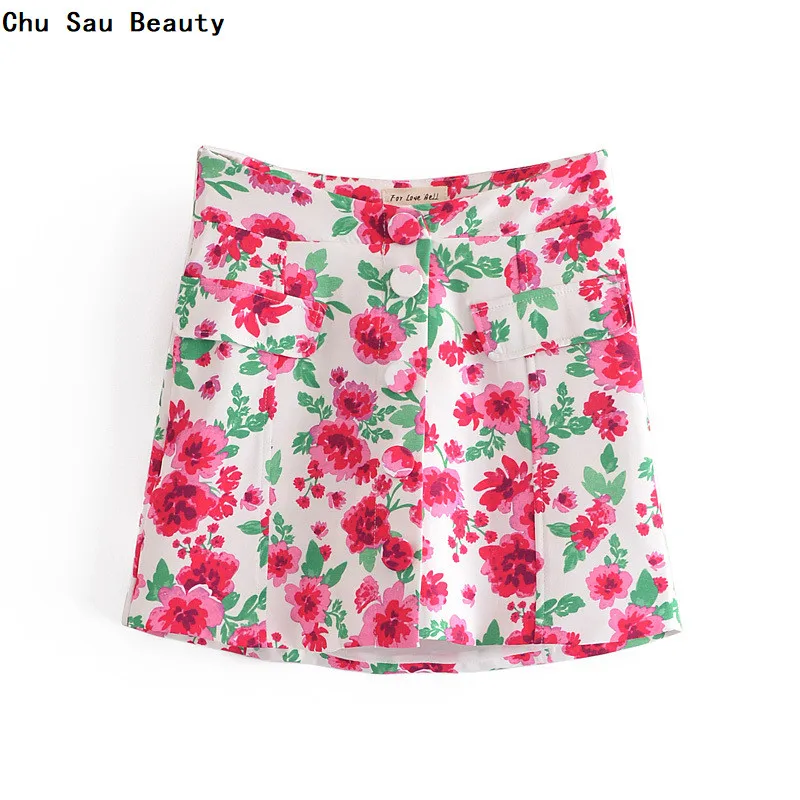 

Chu Sau Beauty 2021 Women's New Temperament Slim Rose Red Flower Mini Skirt Summer Button High Waist Elegant Casual Short Skirts