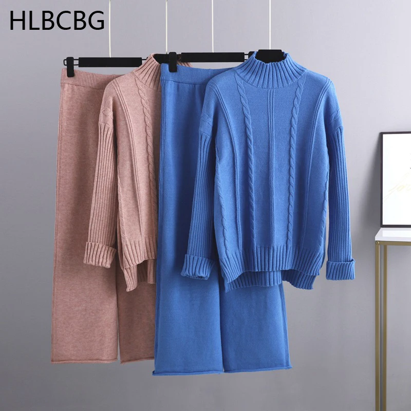 

Autumn Winter Women 2 Piece Sweater Pants Sets Oversized Women Crop Top Cable Twist Sweaters Warm Sport Knitted Pants Tracksuits