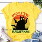 Pew Madafakas футболка с принтом женщины убийца Черный кот с пистолетом забавная желтая футболка Хэллоуин мягкие Топы Женская Базовая футболка