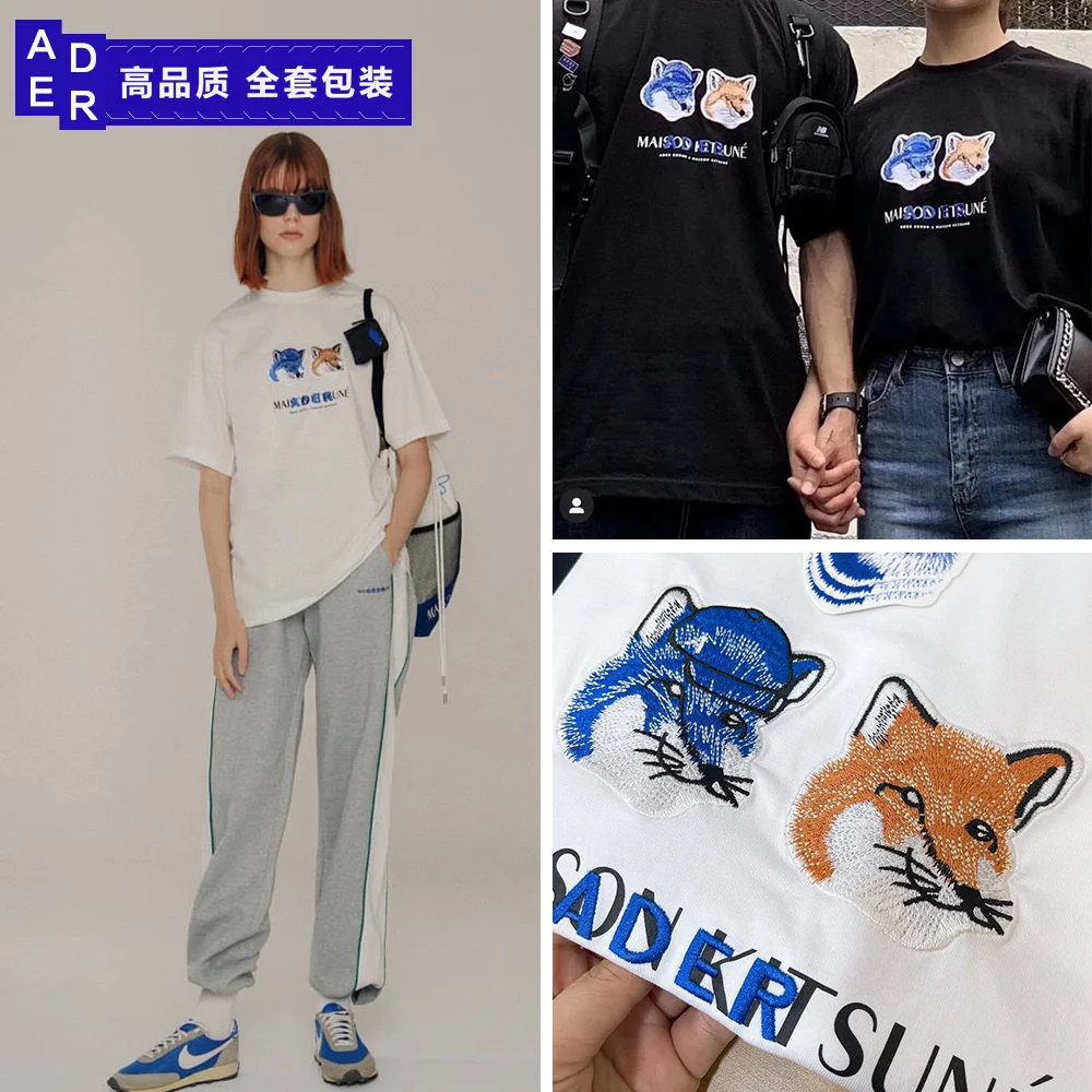 

Ms. Ader two fox patch embroidery short-sleeved T-shirt 1:1 high-quality fashion age-reducing couple round neck T-shirt