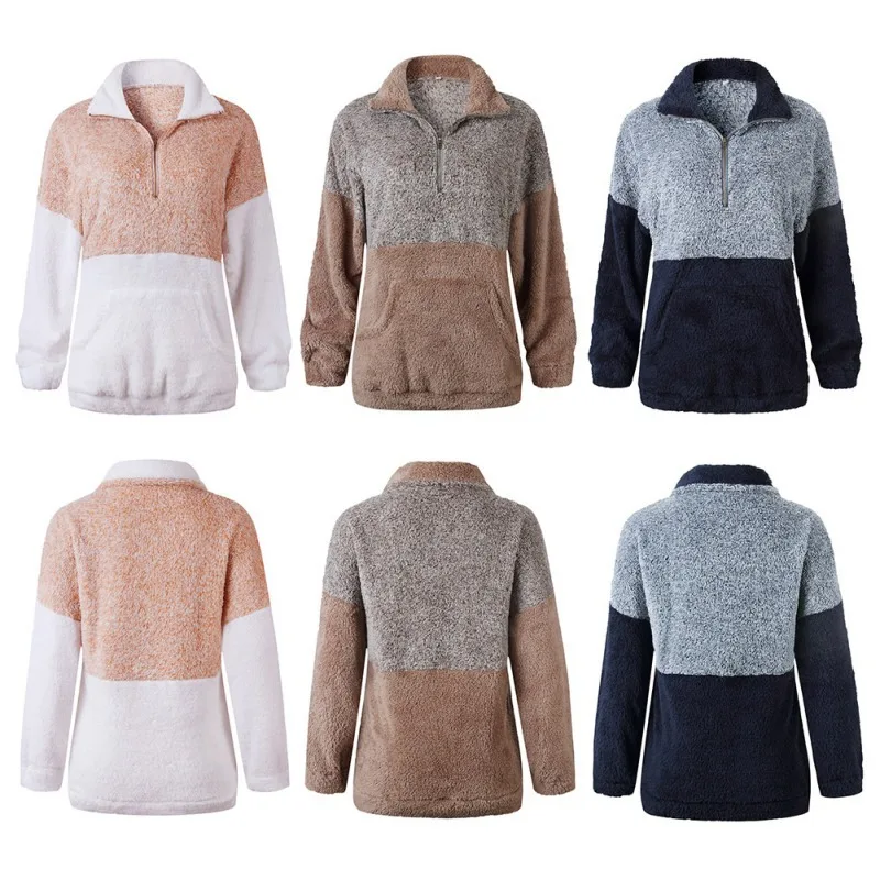 

Women Fashion Sweater Color Matching High Collar Long Sleeve Zipper Coat Casual Warm Winter Autumn Loose Tops