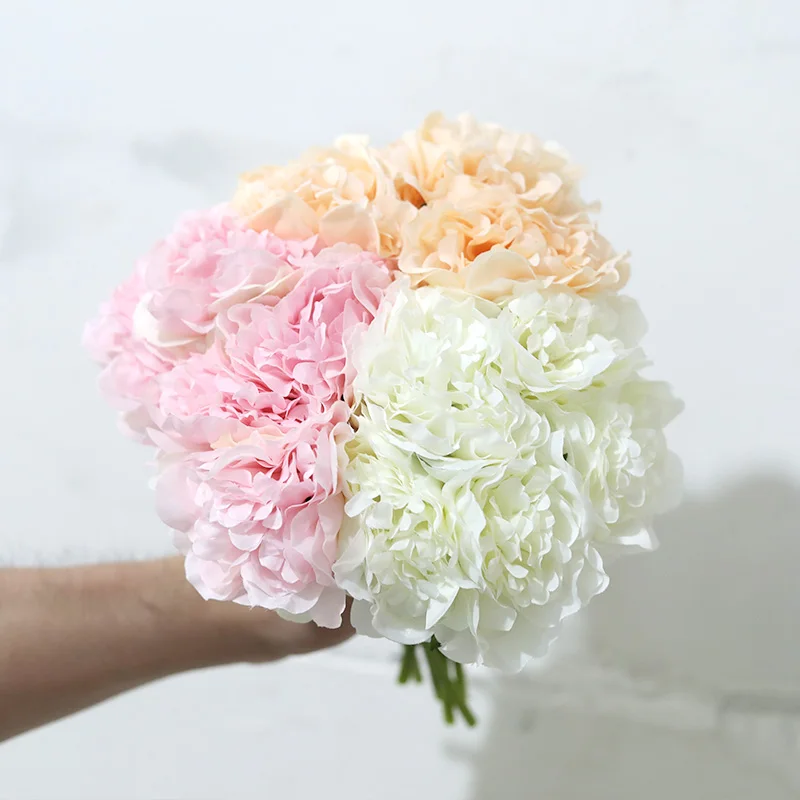 

5 Head Rose Pink Silk Peony Artificial Flowers Hydrangea Bridal Bouquet for Wedding Home Decoration Party Cheap Fake Flower Faux