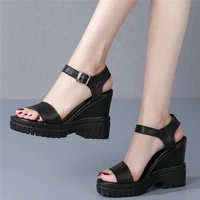 creepers women ankle strap genuine leather wedges high heel gladiator sandals female open toe platform pumps shoes casual shoes