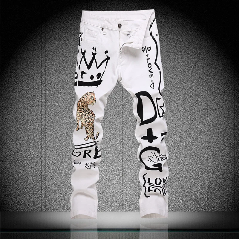 Джинсы мужские с леопардовым принтом узкие брюки из денима разноцветным