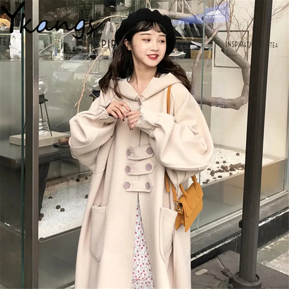 

Женское длинное шерстяное пальто, однотонная элегантная свободная двубортная куртка с капюшоном в Корейском стиле, одежда для осени и зимы