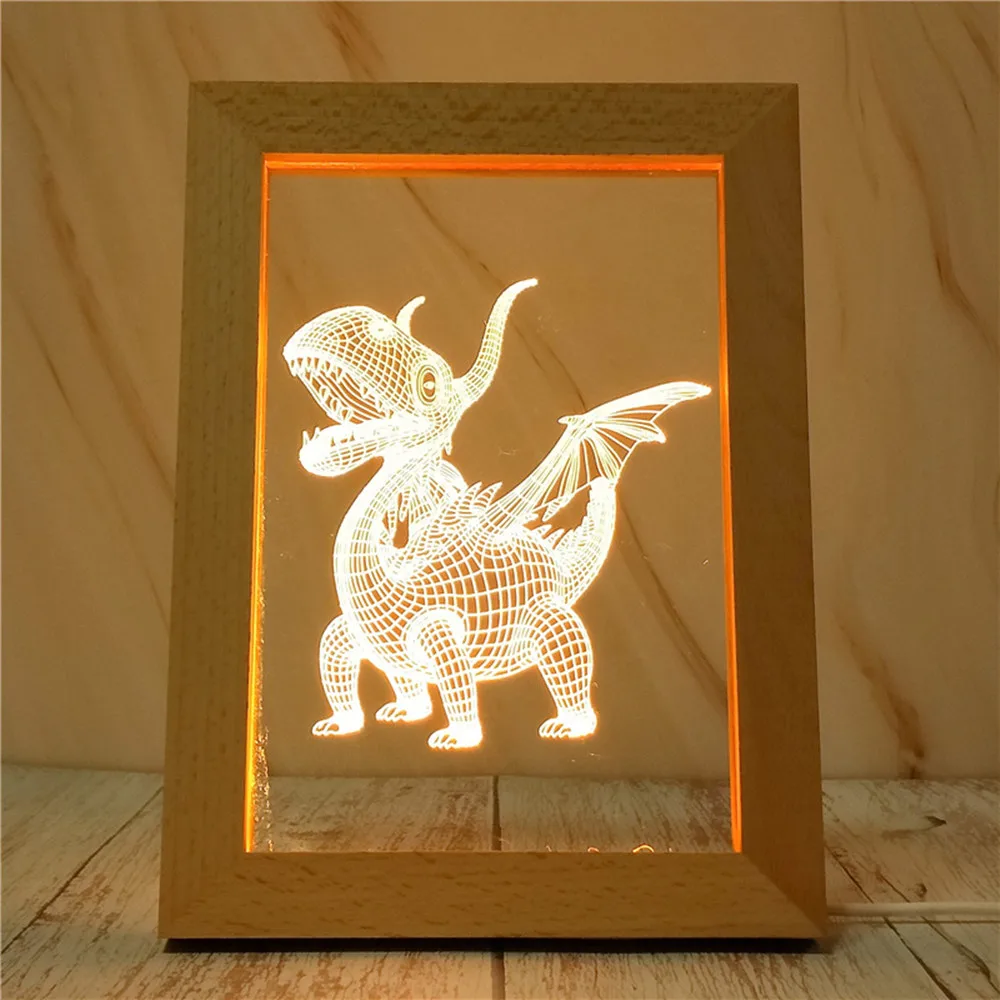 3D Динозавр олень Сова фоторамка светодиодный ночсветильник деревянный стол