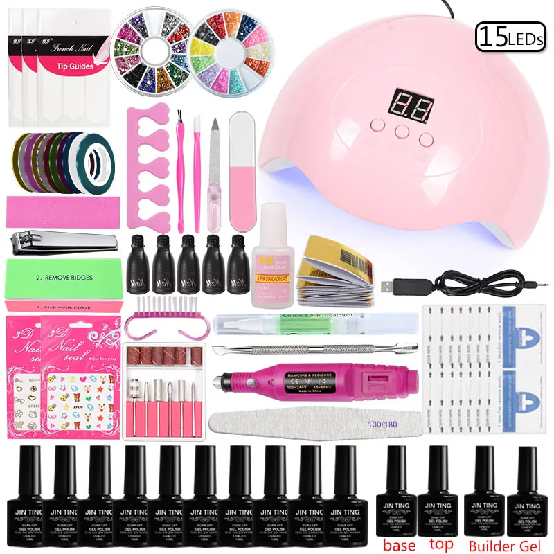 45w gel set Маникюрный набор для ногтей, Удлинительный УФ-гель, маникюрный набор, 10 цветов, Гель-лак и базовое верхнее покрытие для ногтей, гель-конструктор, набор для полировки ногтей - Цвет: 45w gel set