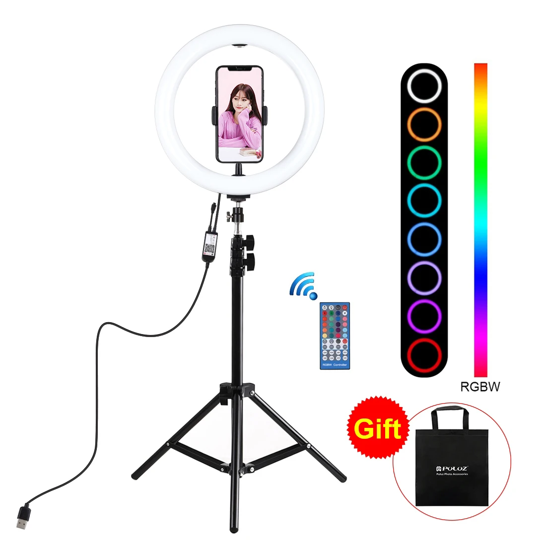 

PULUZ 10 inch 26cm RGBW LED Selfie Ring Light Video Vlogging &Tripod Stand Live Broadcast Kits with Remote Control & Phone Clamp