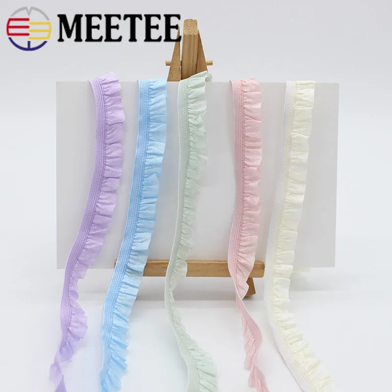 

20/43M Meetee 15mm Pleated Stretch Lace Trims Nylon Ruffled Elastic Band DIY Hairband Belt Shoes Decor Sewing Spandex Tapes