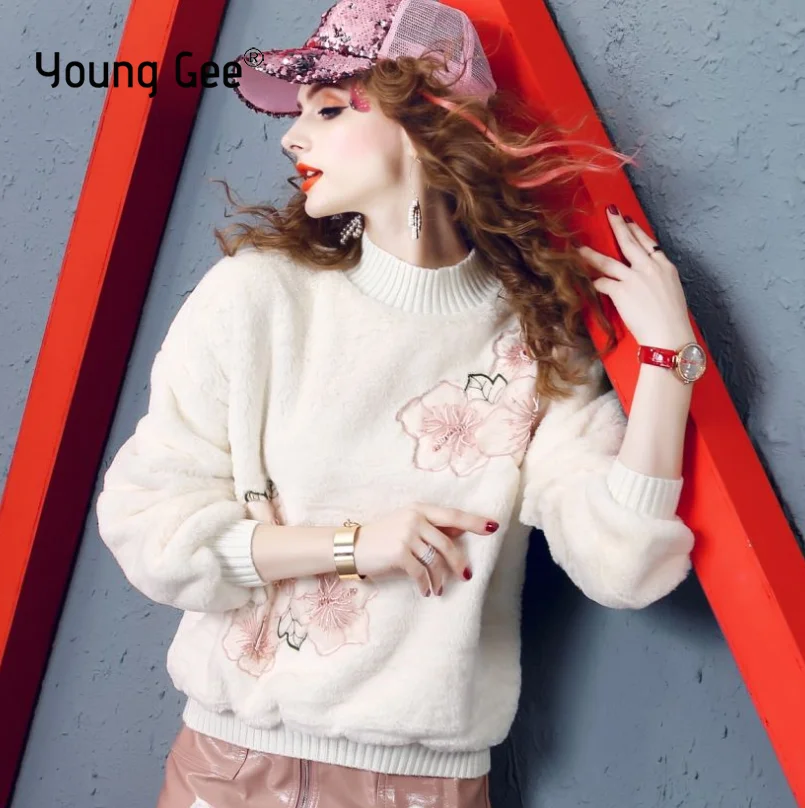 

Young Gee Sweater Women Warm Faux Rabbit Fur Pullover Winter O-Neck Floral Beading Loose Thicken Sweet Long Sleeve Knitted Tops
