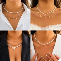 vintage elegant simulated pearls necklace for women cute butterfly heart sequins pendant multi layer beaded chains jewelry