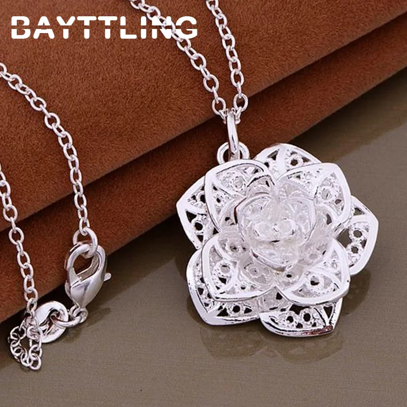 

BAYTTLING Silver Color 18 Inch Beautifully Carved Flower Pendant Necklace For Woman Fashion Luxury Wedding Jewelry Gift