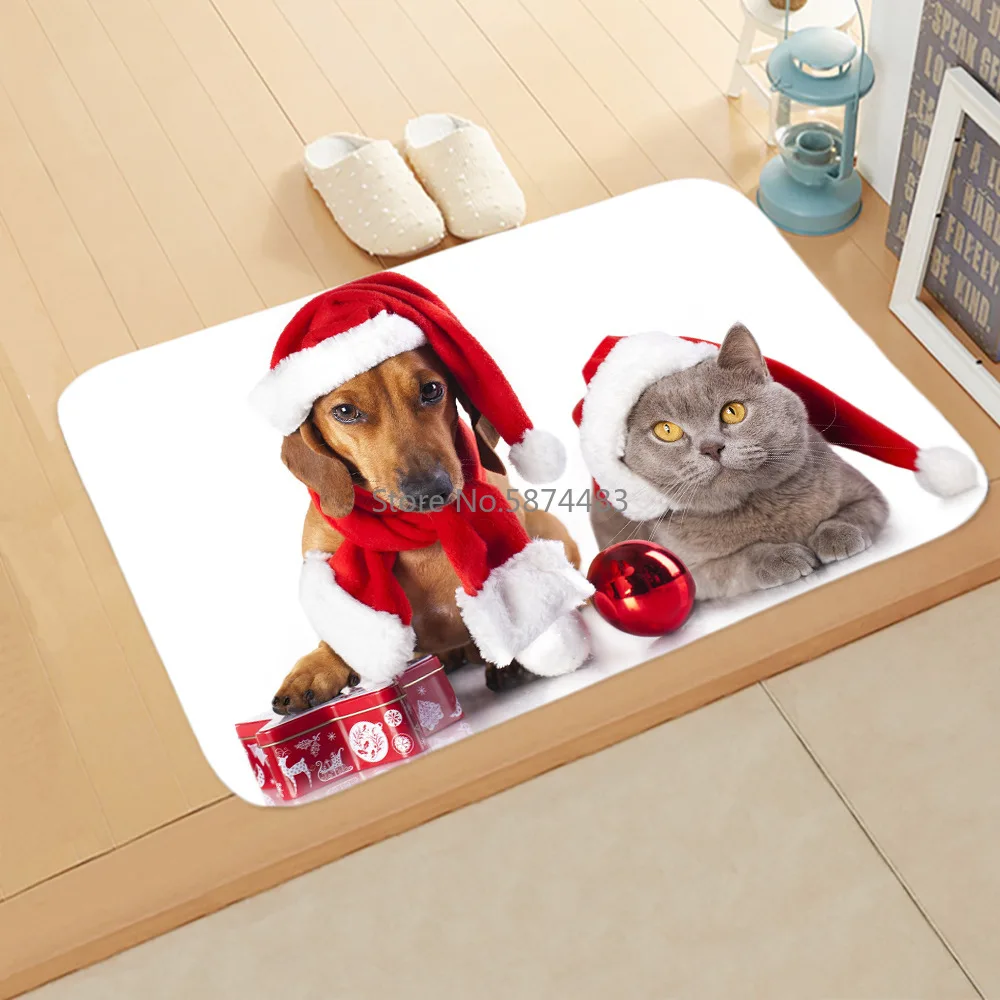 Рождественский и новогодний праздничный напольный коврик в виде кошки собаки
