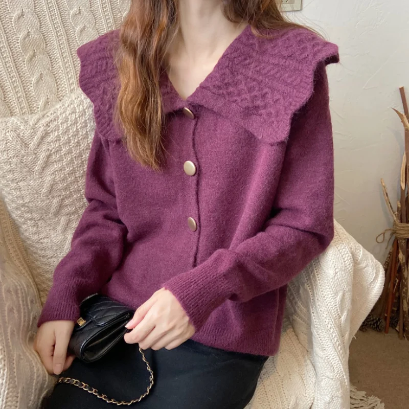 

2020 Winter Autumn Women Sweater New Korean Loose Fashion Soild Warm Kintted Casual Doll Collar Female Vintage Cardigan Tops