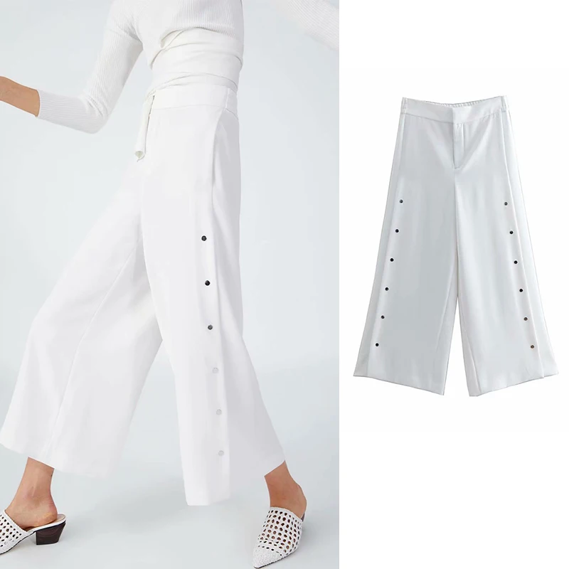 Женские винтажные широкие брюки ZA белые свободные повседневные полной длины с