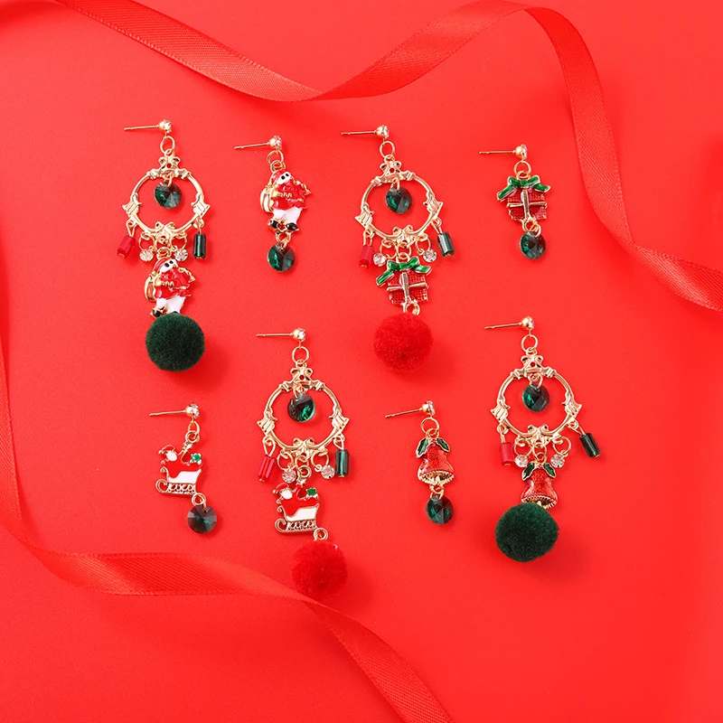 

Christmas Cartoon Long Asymmetry Earrings Red Green Santa Claus Tree Gift Star Jewelry Travel Party Accessories New Year Gift