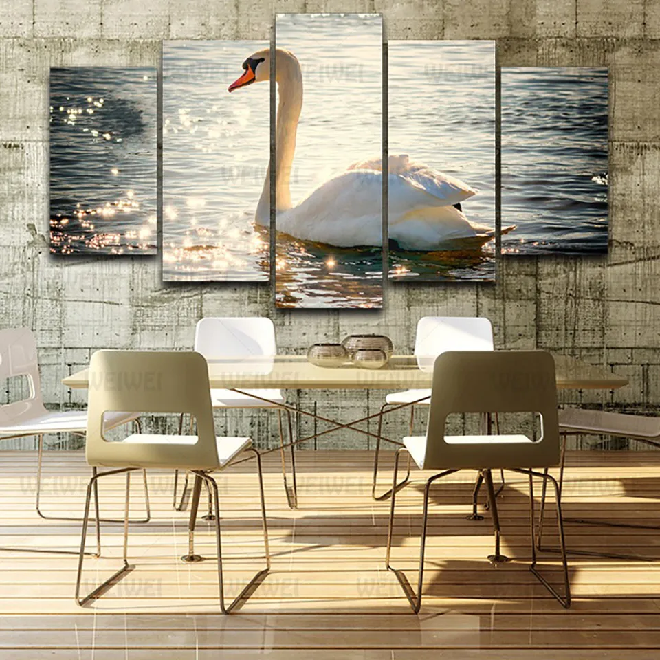 

Canvas Painting Beautiful Swan with Animals Wandering In The Lake Home Wall Decoration Poster Use In Bedroom and Living Room Wal