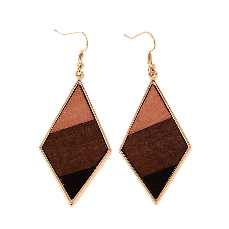 Деревянные висячие серьги для женщин Бохо круглые квадратные геометрические