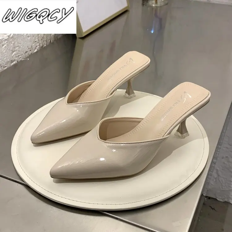 Женские полутапочки с острым носком туфли лодочки из лакированной кожи на тонком