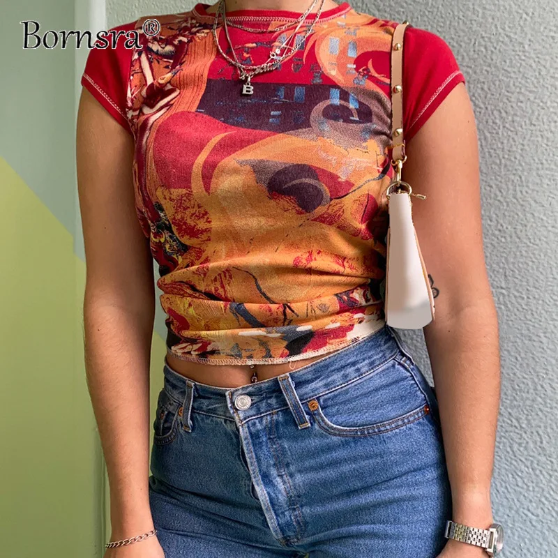 

Bornsra Abstract Printing Round Neck Blouse 2021 Summer Foreign Trade New Style Cuffs Open Line Slimming Short T-shirt