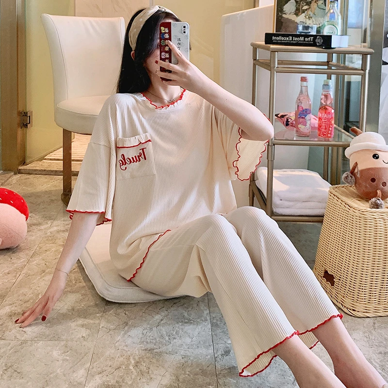 

Summer Women Pajamas Sets Modal Sleepwear Suit Pyjamas Short-Sleeved Trousers Loose Elastic Home Pijama Comfortable Homewear